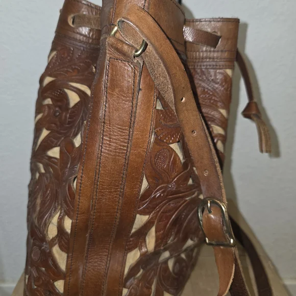 Vintage Brown Leather Cutout Shoulder Bag Vintage Mexican Artisan Leather Work - Picture 6 of 9